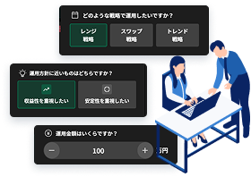 オートセレクトの3つの質問画面と利用者のイメージ