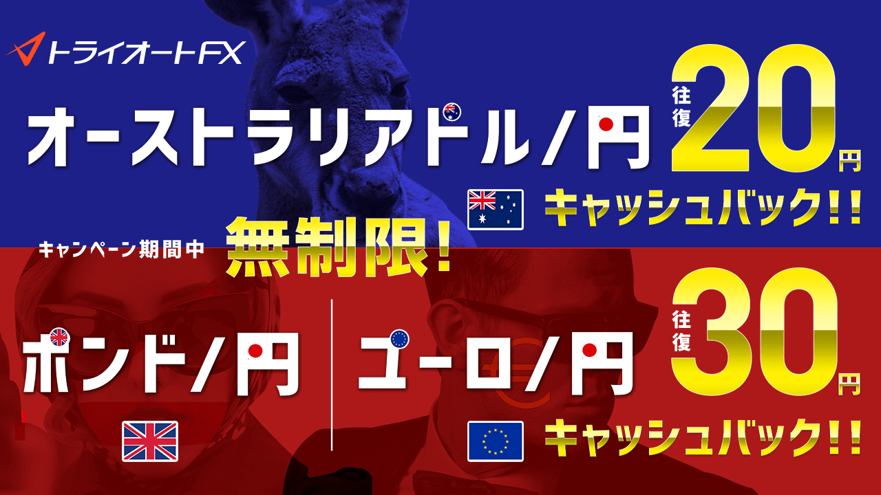 トライオートFX ポンド円・ユーロ円・豪ドル円取引キャッシュバックキャンペーン