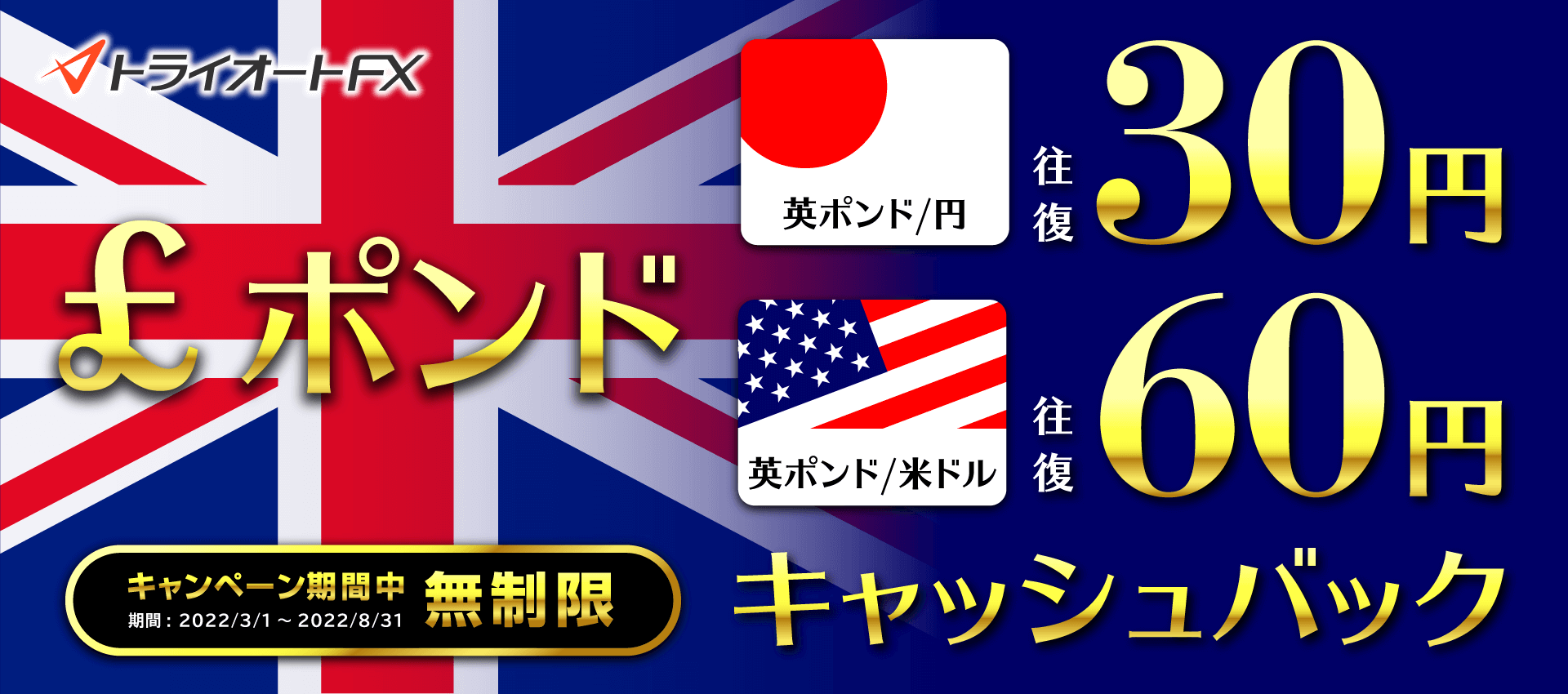 トライオートFX ポンド円・ポンド米ドル取引キャッシュバックキャンペーン